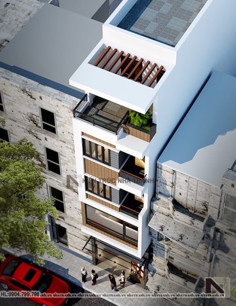 Ảnh: Phối cảnh tổng thể mẫu nhà mặt phố 5 tầng đẹp phong cách hiện đại NT-L3624