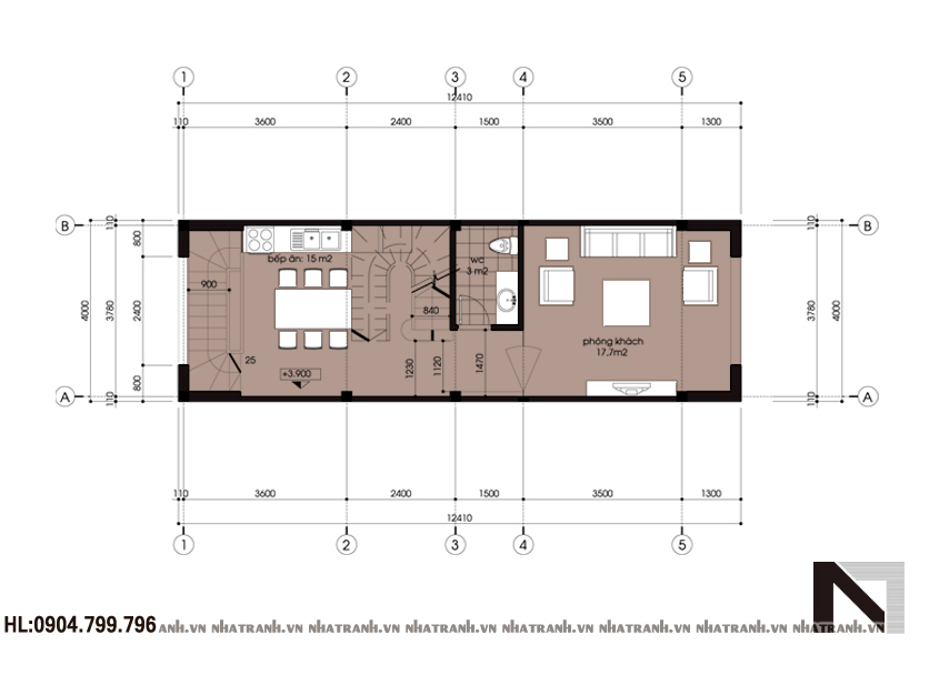 Mặt bằng chi tiết tầng điển hình mẫu nhà lô phố 5 tầng đẹp phong cách hiện đại NT-L3614