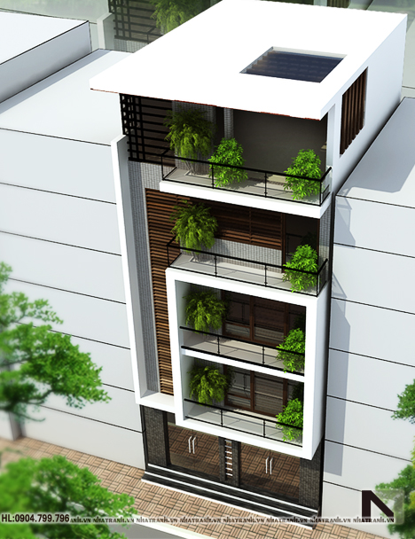 Ảnh: Phối cảnh tổng thể mẫu thiết kế nhà để ở và kinh doanh 5 tầng phong cách hiện đại NT-L3620