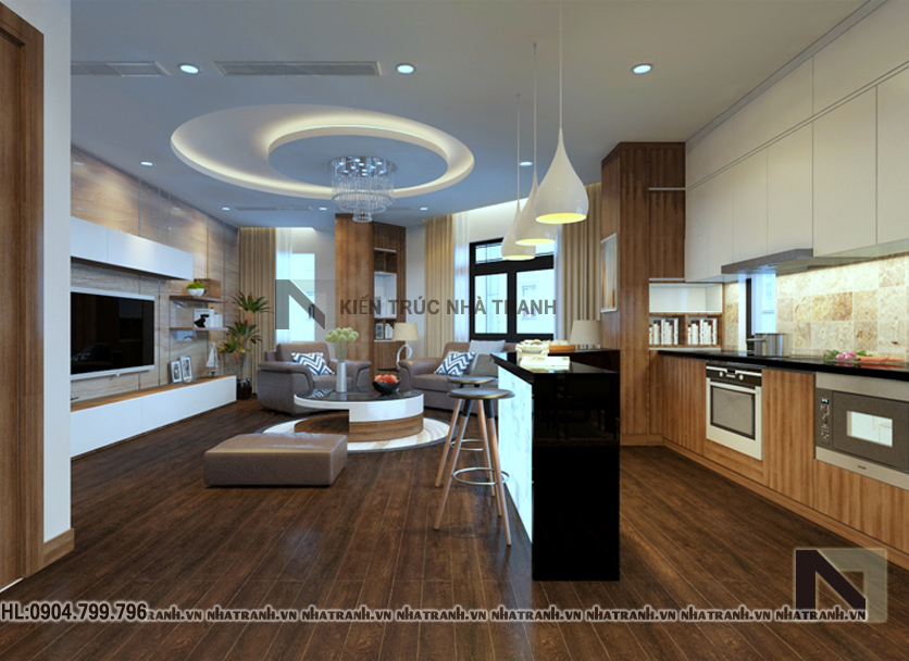 Phối cảnh nội thất không gian phòng khách, bếp, ăn mẫu nhà lô góc hai mặt tiền 5 tầng tân cổ điển NT-L3657
