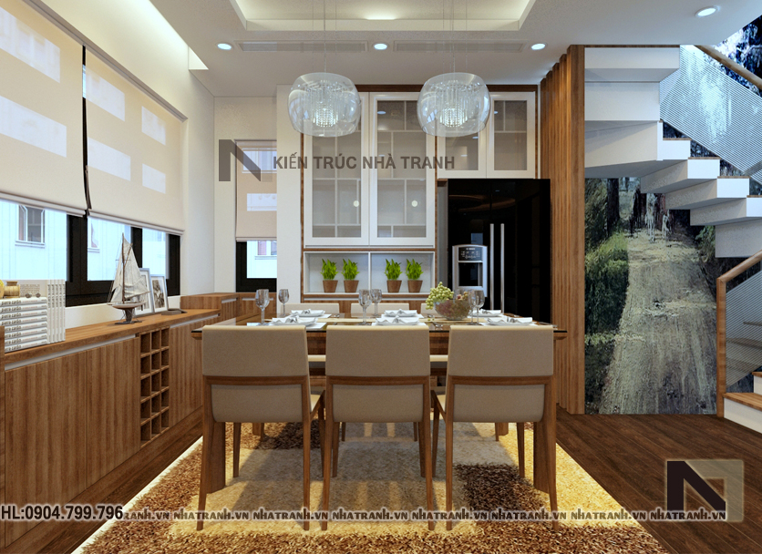Phối cảnh nội thất không gian phòng khách, bếp, ăn mẫu nhà lô góc hai mặt tiền 5 tầng tân cổ điển NT-L3657