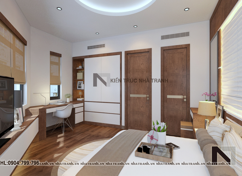 Phối cảnh nội thất không gian phòng ngủ master mẫu nhà lô góc hai mặt tiền 5 tầng tân cổ điển NT-L3657