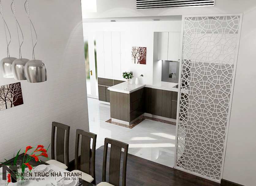 Ảnh: Phối cảnh phòng khách và bếp ăn mẫu thiết kế nội thất căn hộ chung cư 90m2 phong cách hiện đại NT-NC0053