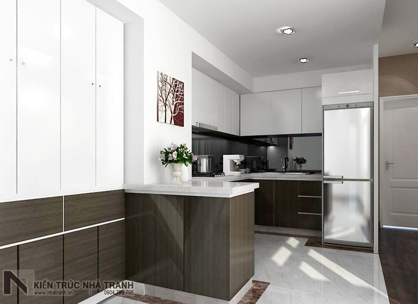Ảnh: Phối cảnh phòng khách và bếp ăn mẫu thiết kế nội thất căn hộ chung cư 90m2 phong cách hiện đại NT-NC0053