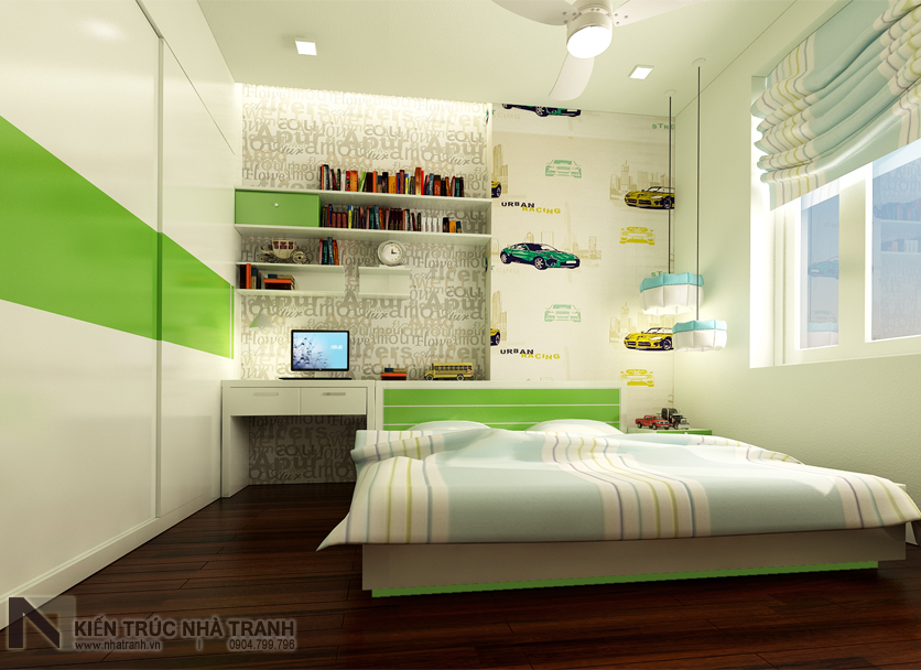 Ảnh: Phối cảnh phòng ngủ con trai mẫu thiết kế nội thất căn hộ chung cư 90m2 phong cách hiện đại NT-NC0053
