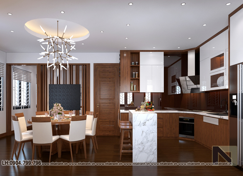 Ảnh: Phối cảnh nội thất phòng bếp ăn mẫu thiết kế  nhà lô góc 2 mặt tiền 5 tầng kiến trúc Pháp NT-L3673