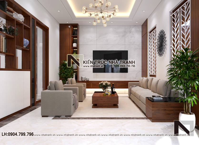 Ảnh: Phối cảnh nội thất phòng khách mẫu thiết kế  nhà lô góc 2 mặt tiền 5 tầng kiến trúc Pháp NT-L3673