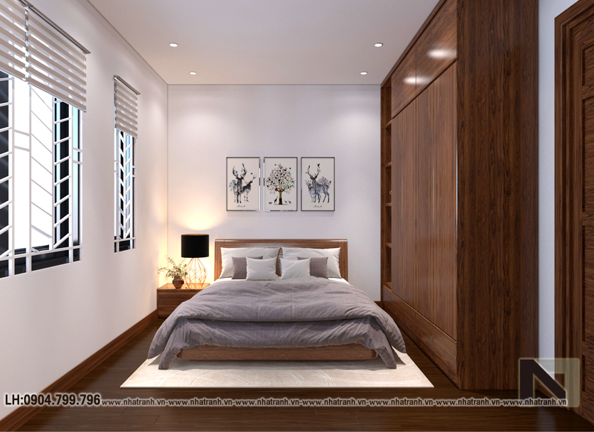 Ảnh: Phối cảnh nội thất phòng ngủ con mẫu thiết kế  nhà lô góc 2 mặt tiền 5 tầng kiến trúc Pháp NT-L3673