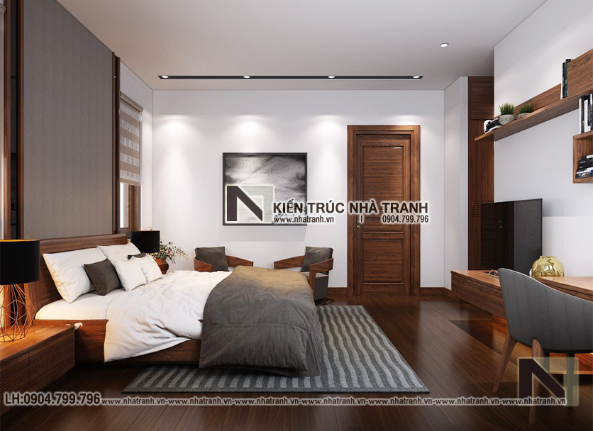 Ảnh: Hình ảnh thiết kế nội thất phòng ngủ con mẫu thiết kế biệt thự vườn 3 tầng mái dốc phong cách hiện đại NT- B6384