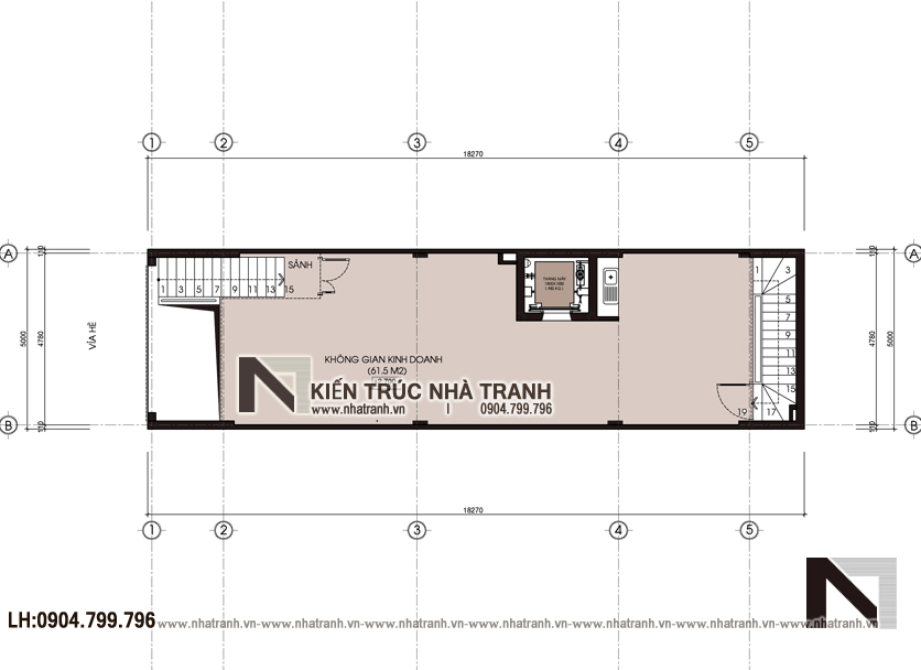 Ảnh: Mặt bằng chi tiết tầng 1 mẫu thiết kế nhà lô mặt tiền 5m 6 tầng 1 lửng có thang máy để ở kết hợp kinh doanh kiến trúc tân cổ điển NT - L3685