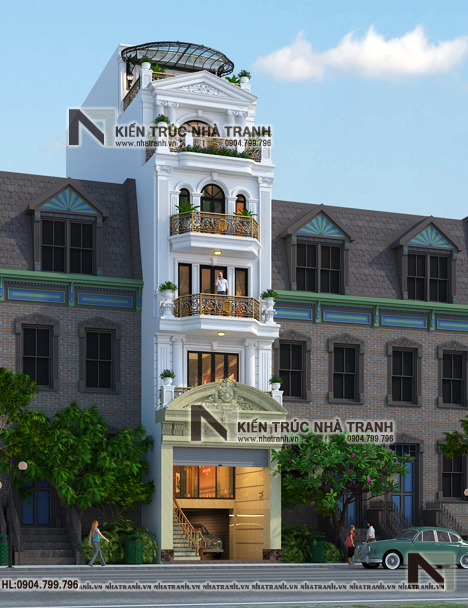Ảnh: Phối cảnh tổng thể 02 mẫu thiết kế nhà lô mặt tiền 5m 6 tầng 1 lửng có thang máy để ở kết hợp kinh doanh kiến trúc tân cổ điển NT - L3685