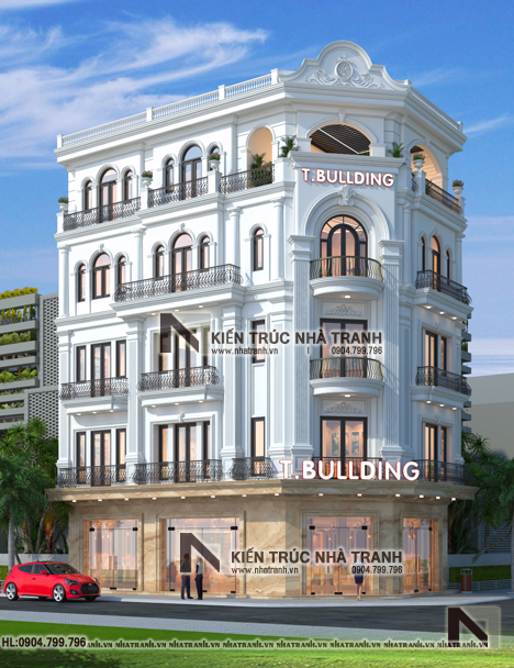Ảnh: Phối cảnh 03 mẫu thiết kế nhà lô góc 2 3 mặt tiền 5 tầng tổ hợp kinh doanh cà phê văn phòng kết hợp ở kiến trúc pháp NT-L3703