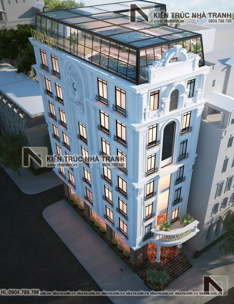 Ảnh: Phối cảnh tổng thể mẫu thiết kế nhà lô góc khách sạn 2 3 mặt tiền có bể bơi trên mái 8 tầng 1 bán hầm kiến trúc pháp NT-L3698