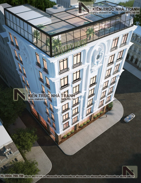 Ảnh: Phối cảnh tổng thể 02 mẫu thiết kế nhà lô góc khách sạn 2 3 mặt tiền có bể bơi trên mái 8 tầng 1 bán hầm kiến trúc pháp NT-L3698