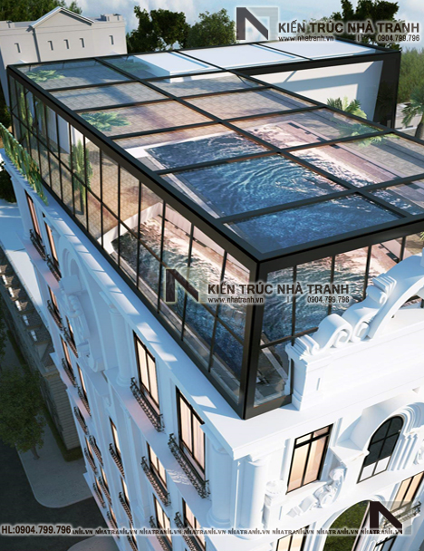 Ảnh: Phối cảnh tổng thể 03 mẫu thiết kế nhà lô góc khách sạn 2 3 mặt tiền có bể bơi trên mái 8 tầng 1 bán hầm kiến trúc pháp NT-L3698